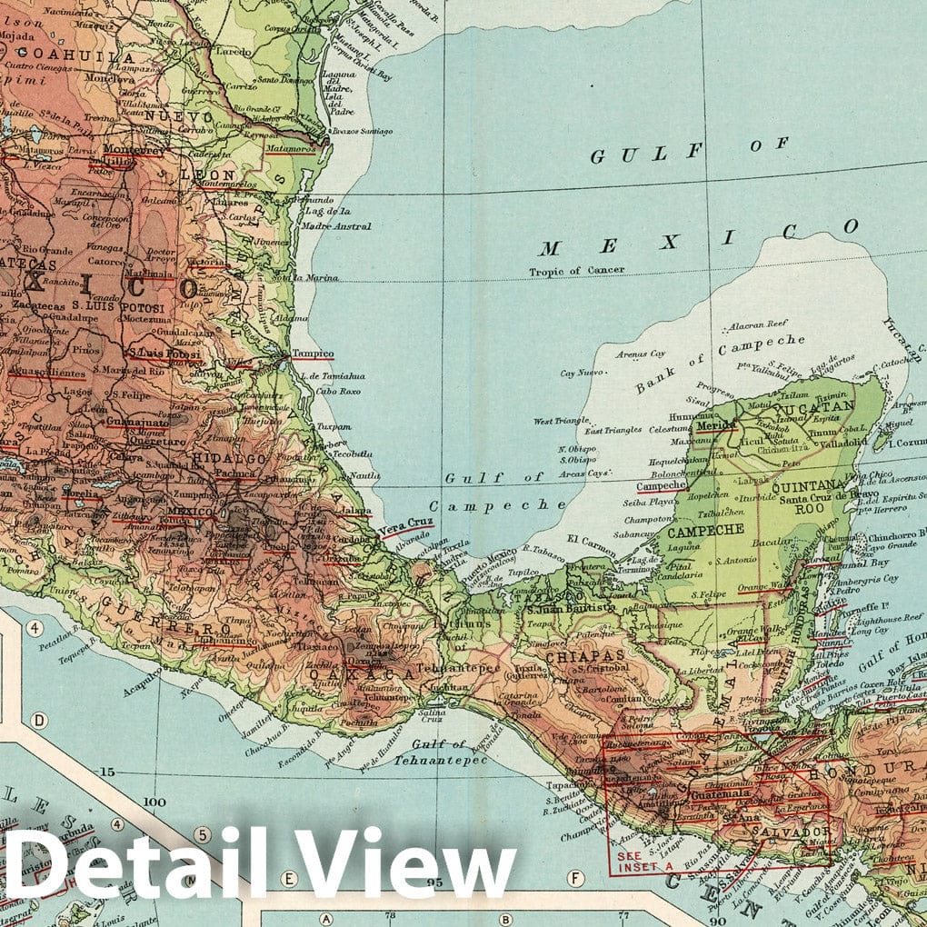 Mexico, Central America and West Indies - Physical Map, 1923 - Historical Map Print