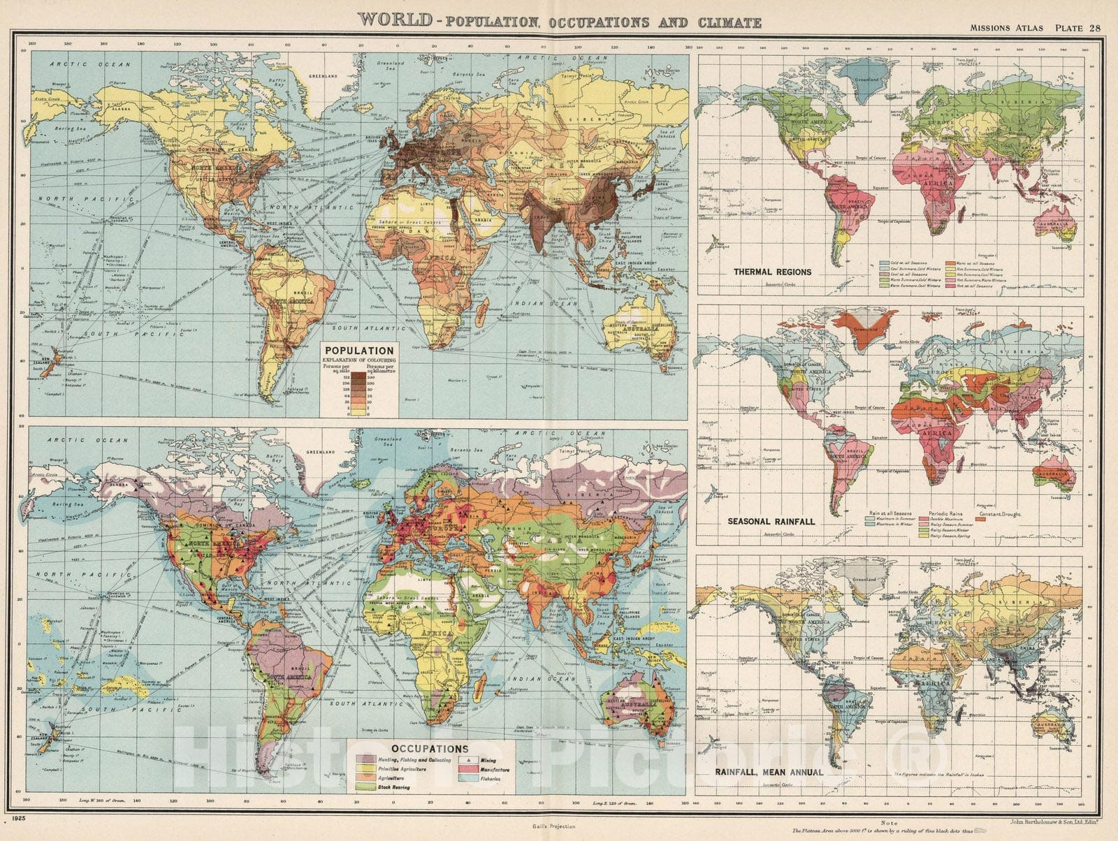 Historic Map : World Atlas Map, Plate 28. World - Population, Occupations and Climate. 1923 - Vintage Wall Art