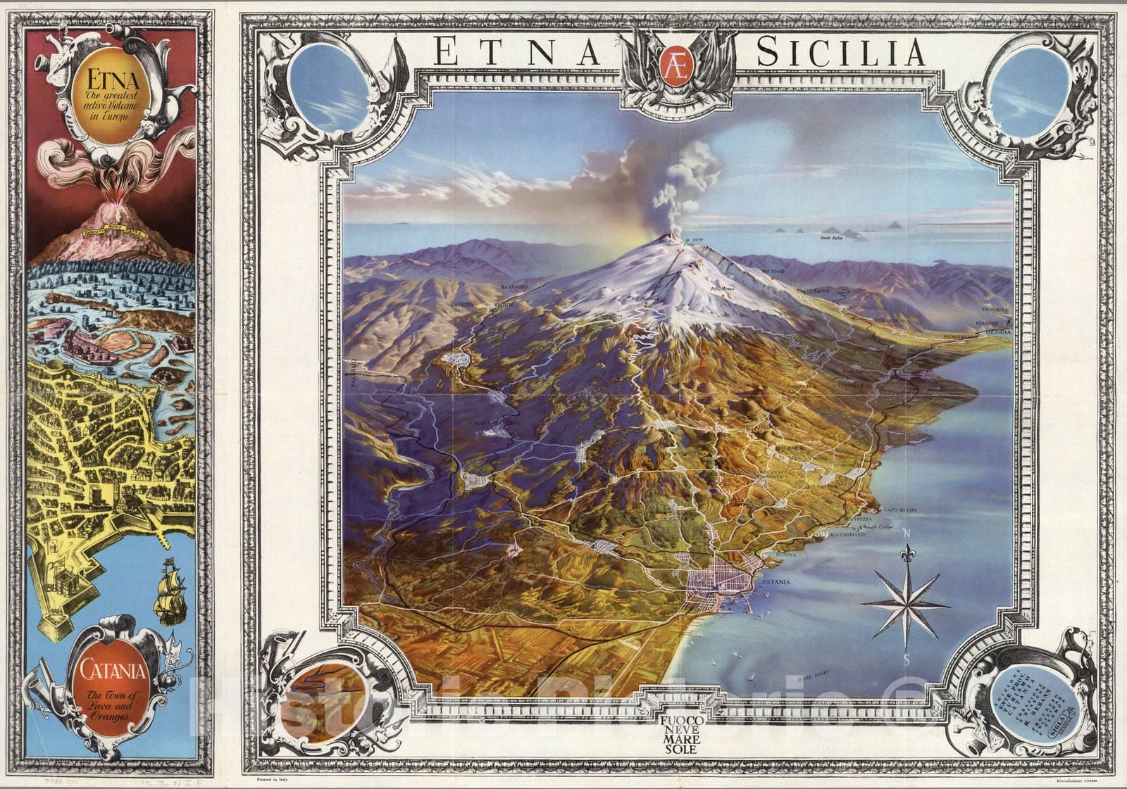 Mount Etna, Sicily - Pictorial Map, 1953 - Historical Map Print