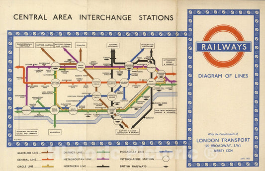 Historic Map : Pocket Map, Central Area Interchange Stations. 1950 - Vintage Wall Art