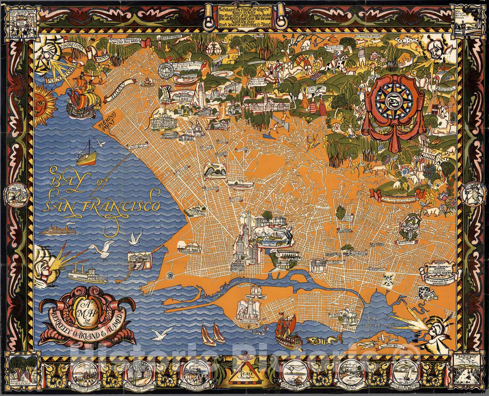 Berkeley, Oakland & Alameda Pictorial Map 1930 - Historical Map Print