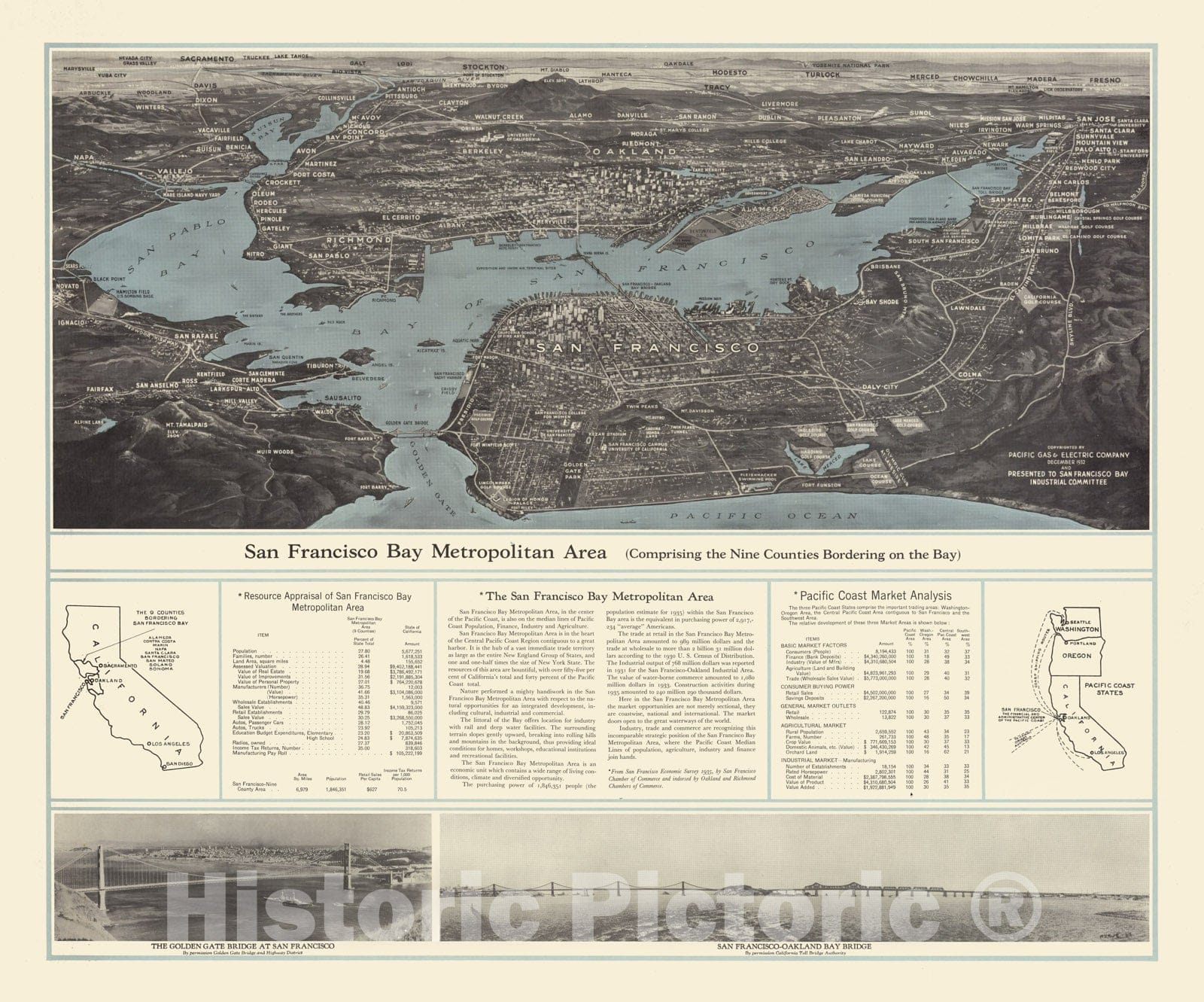 Historic Map : San Francisco Bay Metropolitan Area 1935 - Vintage Wall Art