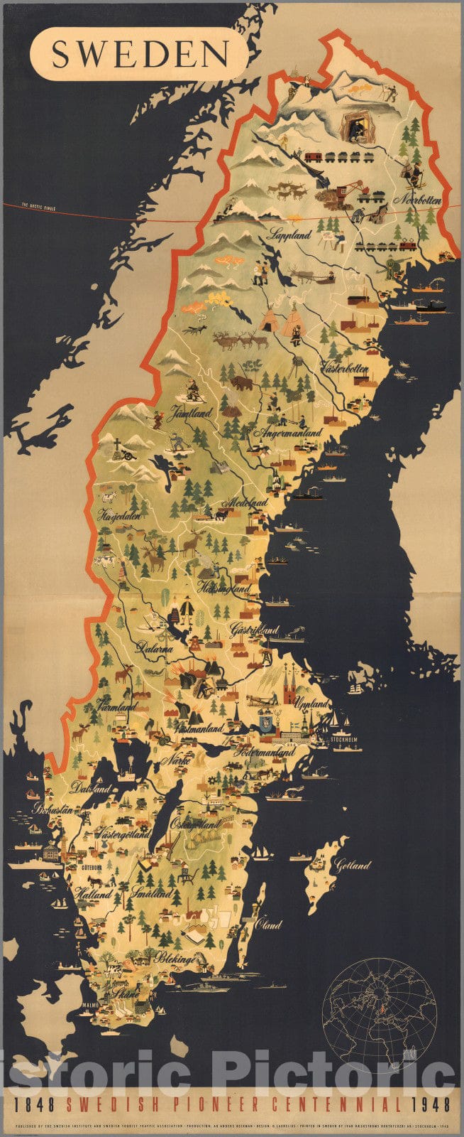 Sweden - Pictorial Map, 1948 - Swedish Pioneer Centennial