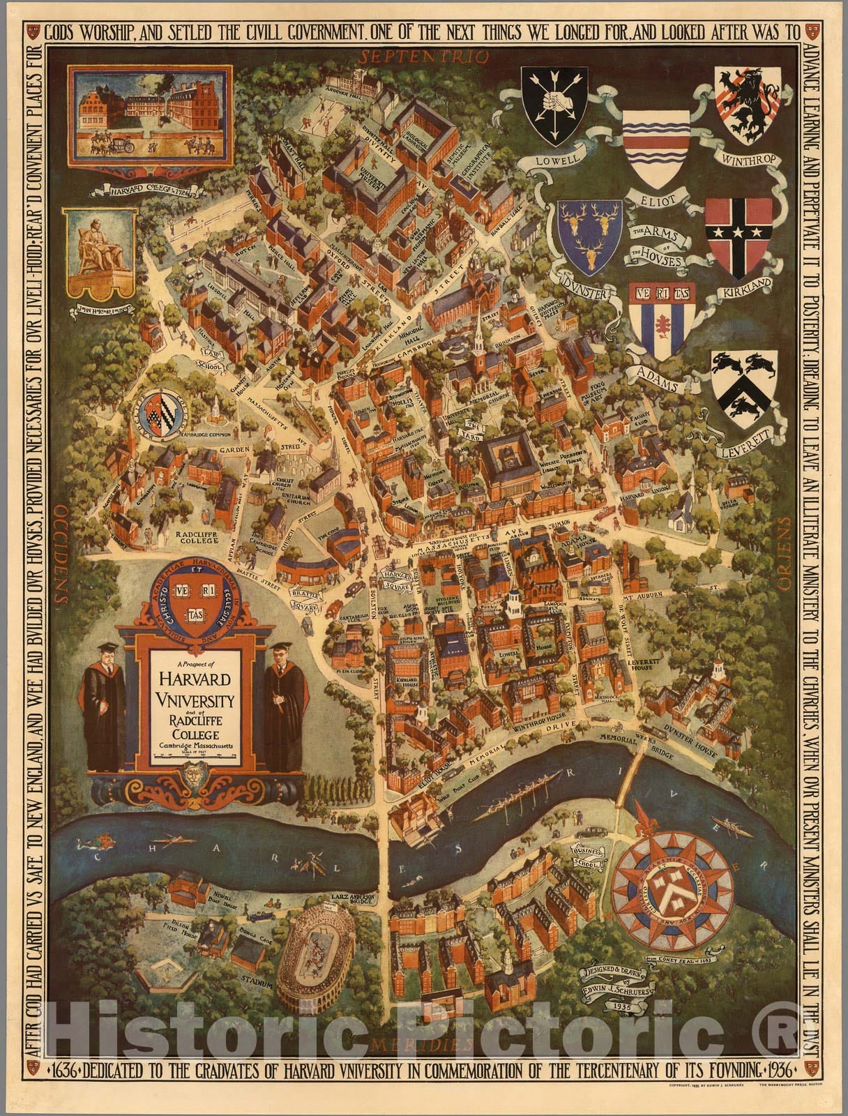Historic Map : A prospect of Harvard University and of Radcliffe College, Cambridge, Massachusetts, 1935, Vintage Wall Decor