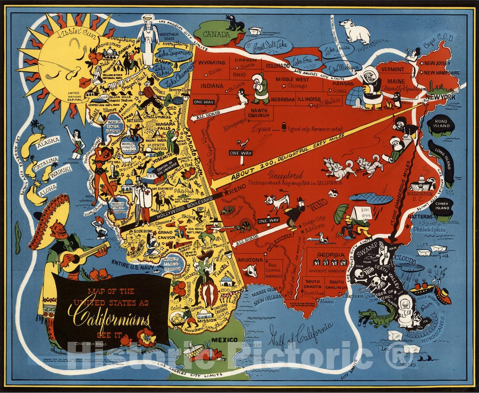 United States Pictorial Map, 1947 - California Brags Historical Map Print