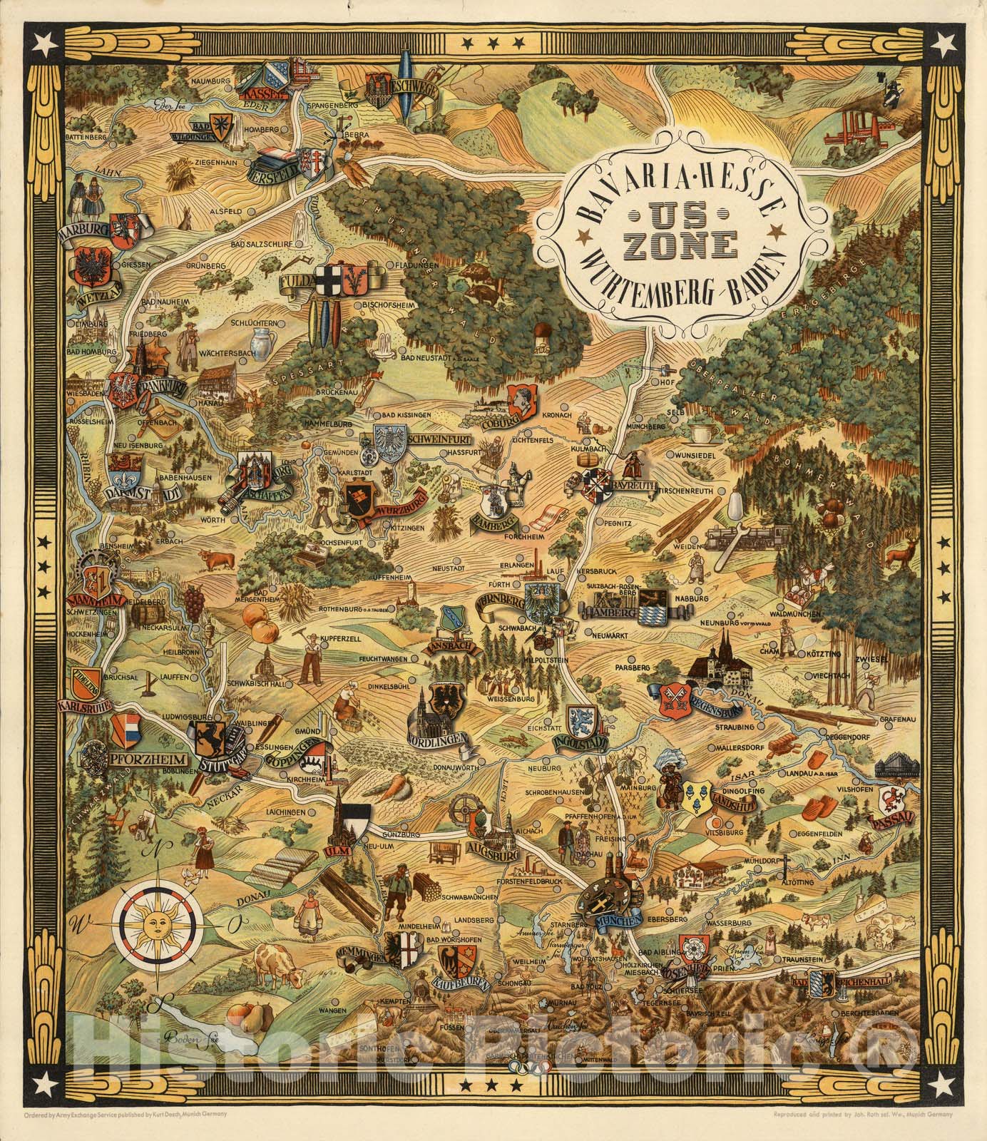 Historic Map : Bavaria, Hesse, Wurtemberg-Baden : US zone 1948 - Vintage Wall Art
