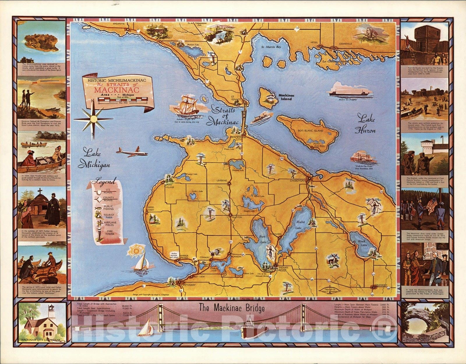 Straits of Mackinac, Michigan - Pictorial Map, 1960 - Historical Map Print