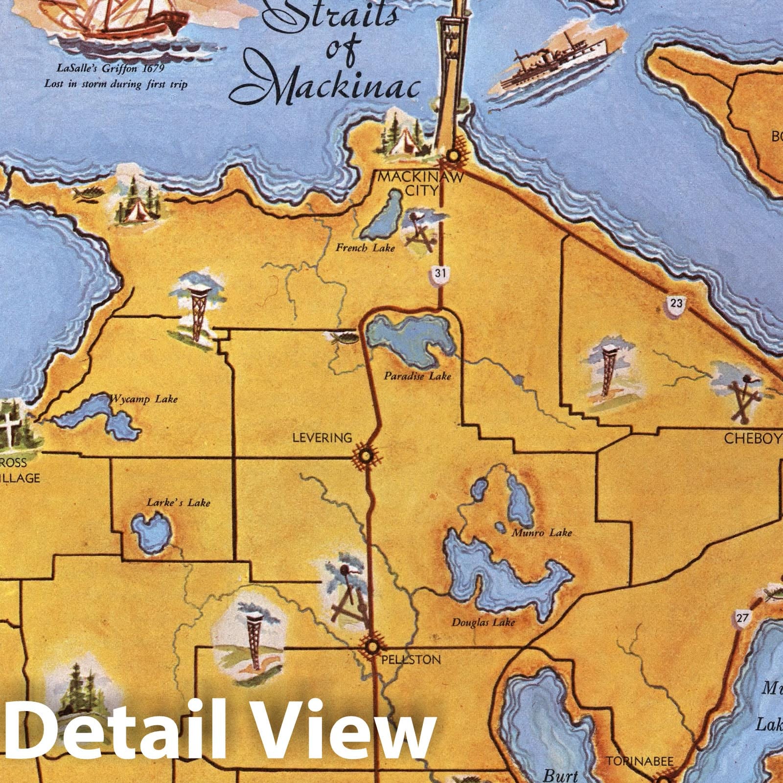 Straits of Mackinac, Michigan - Pictorial Map, 1960 - Historical Map Print