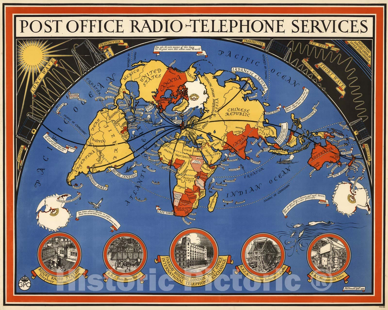 Historic Map : Post office radio - telephone services. MacDonald Gill, 1935. P.R.D. 98. 1935 - Vintage Wall Art