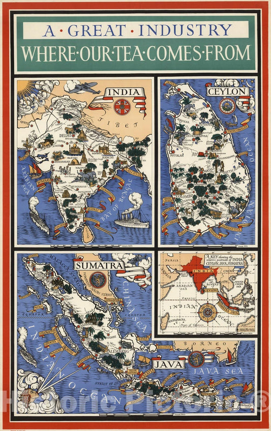Historic Map : A Great Industry : Where Our Tea Comes From. MacDonald Gill, 1937 1937 - Vintage Wall Art