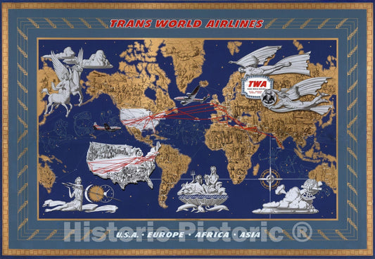 TWA - World Airline Routes, 1946 - Pictorial Map Print