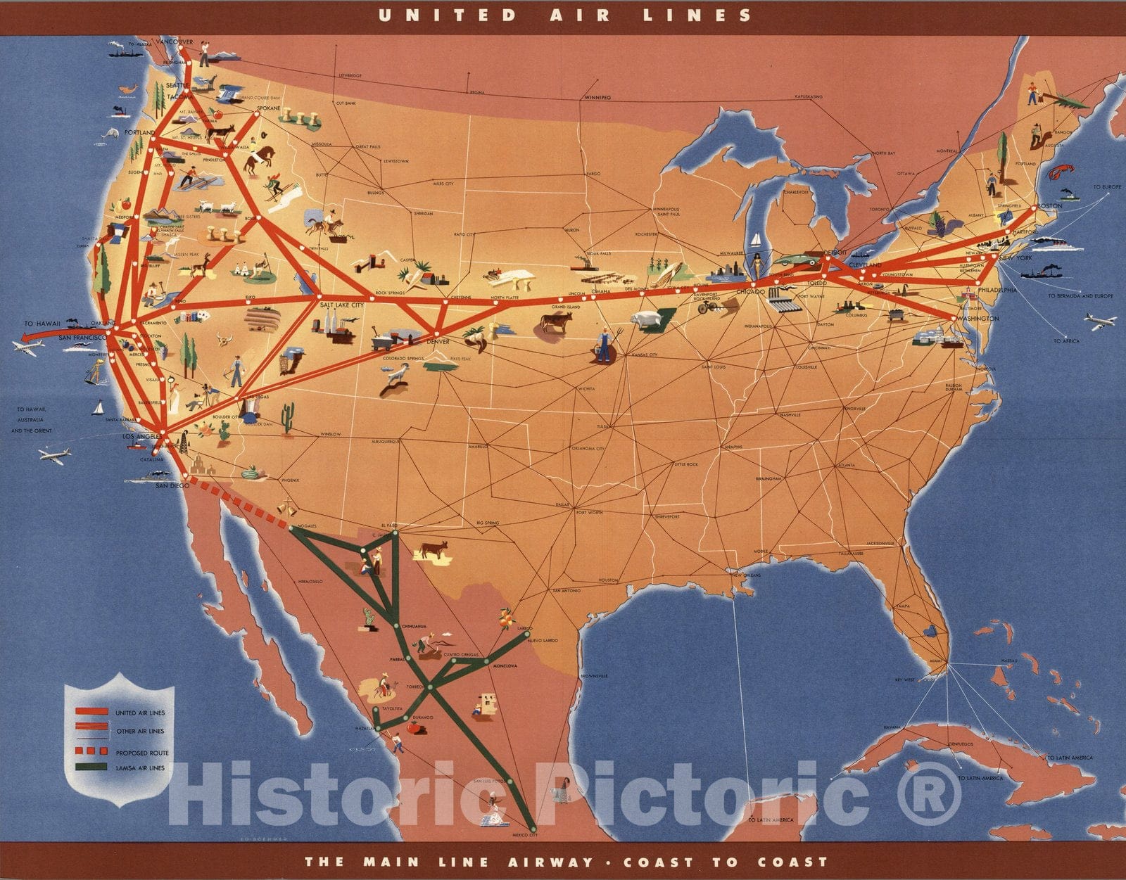 Historic Map : Pocket Map, United Air Lines : The Main Line Airway - Coast to Coast. Ed Boehmer 1940 - Vintage Wall Art