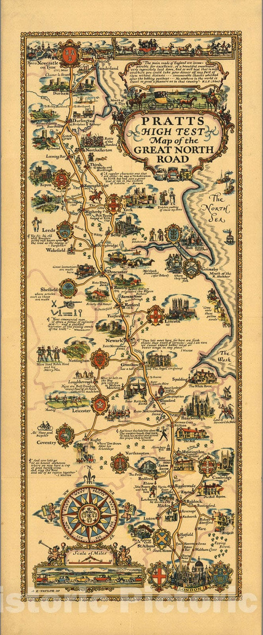 Historic Map : Pratts High Test Map of the Great North Road. A.E. Taylor. 30, 1930 - Vintage Wall Art