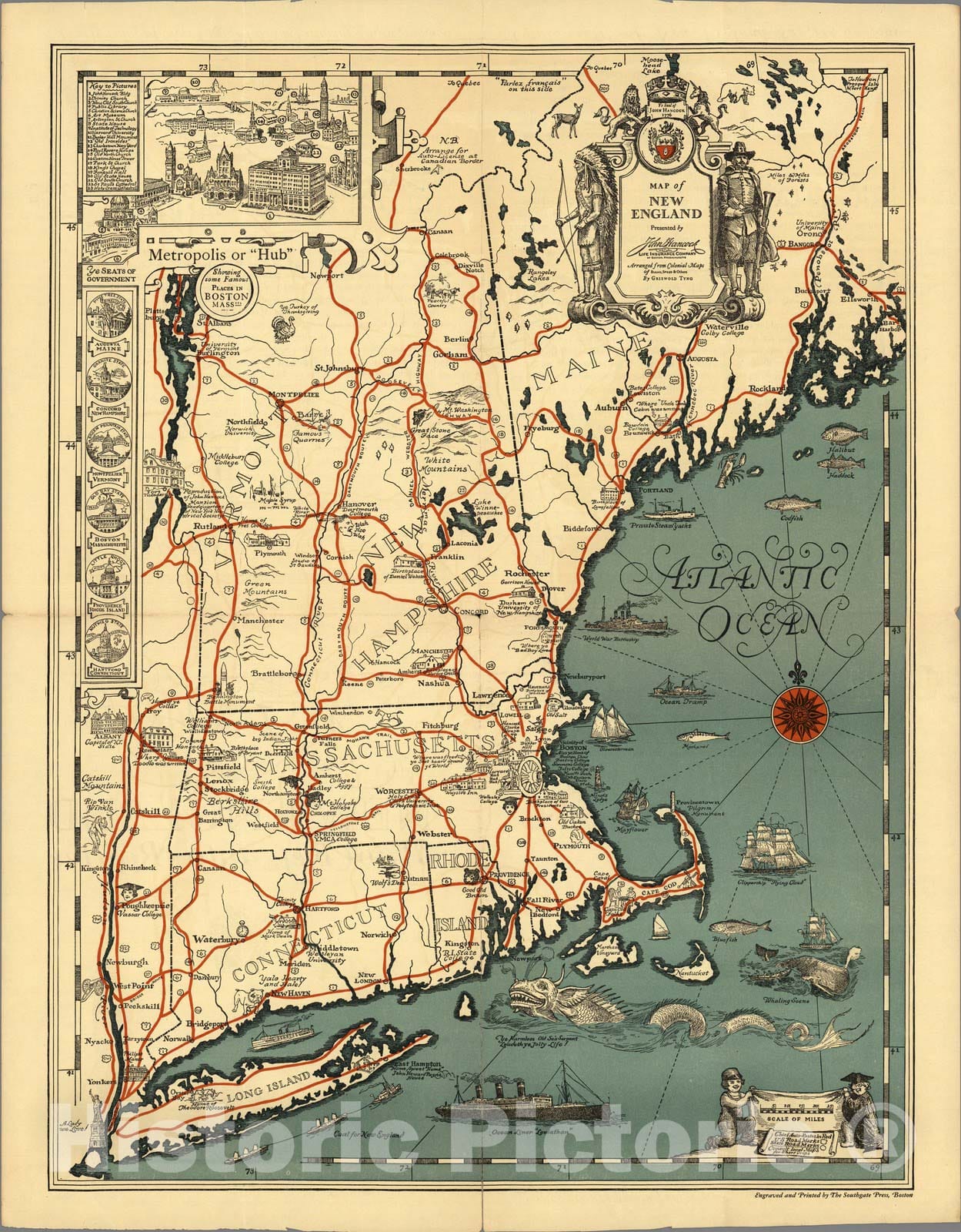 New England - Pictorial Map, 1928 - Historical Map Print