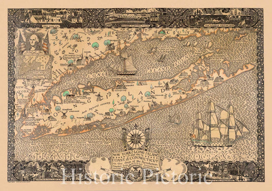 Historic Map : New York, Long Island and the coast of Connecticut in the days of the Revolution 1928 - Vintage Wall Art