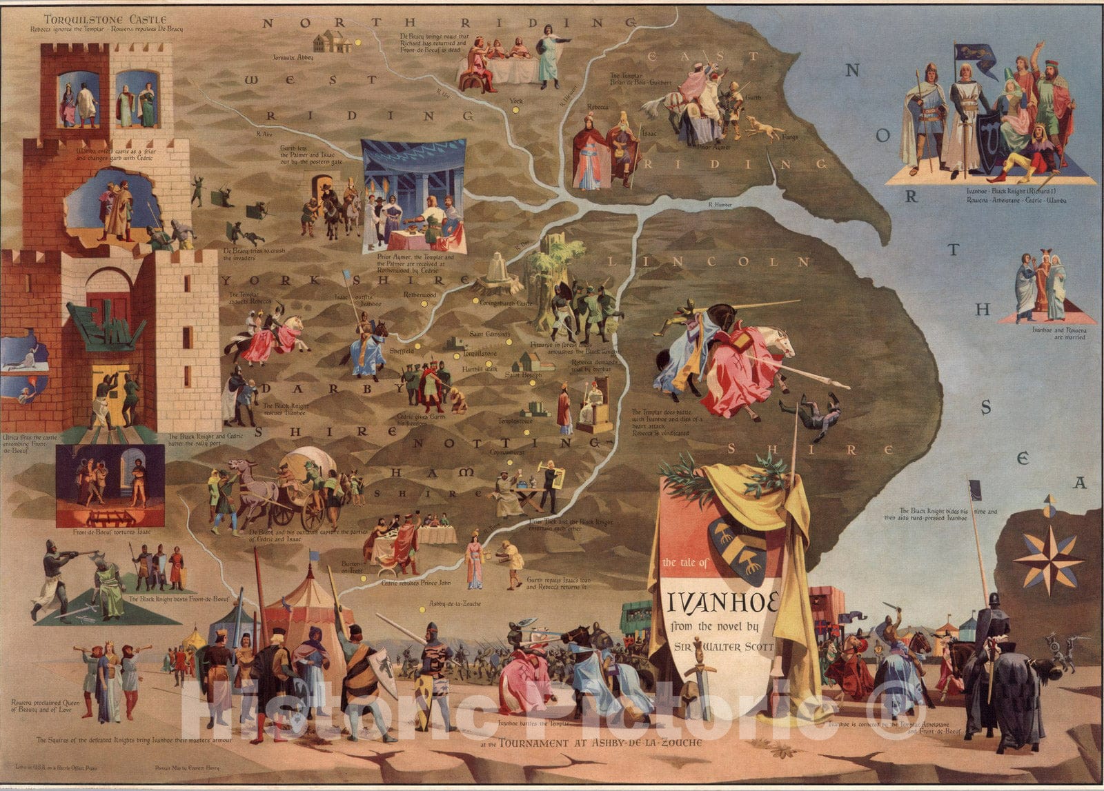 England - Pictorial Map, 1958 - Ivanhoe Literary Map Print