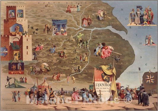 Historic Map - The tale of Ivanhoe from the novel by Sir Walter Scott 1958 - Vintage Wall Art
