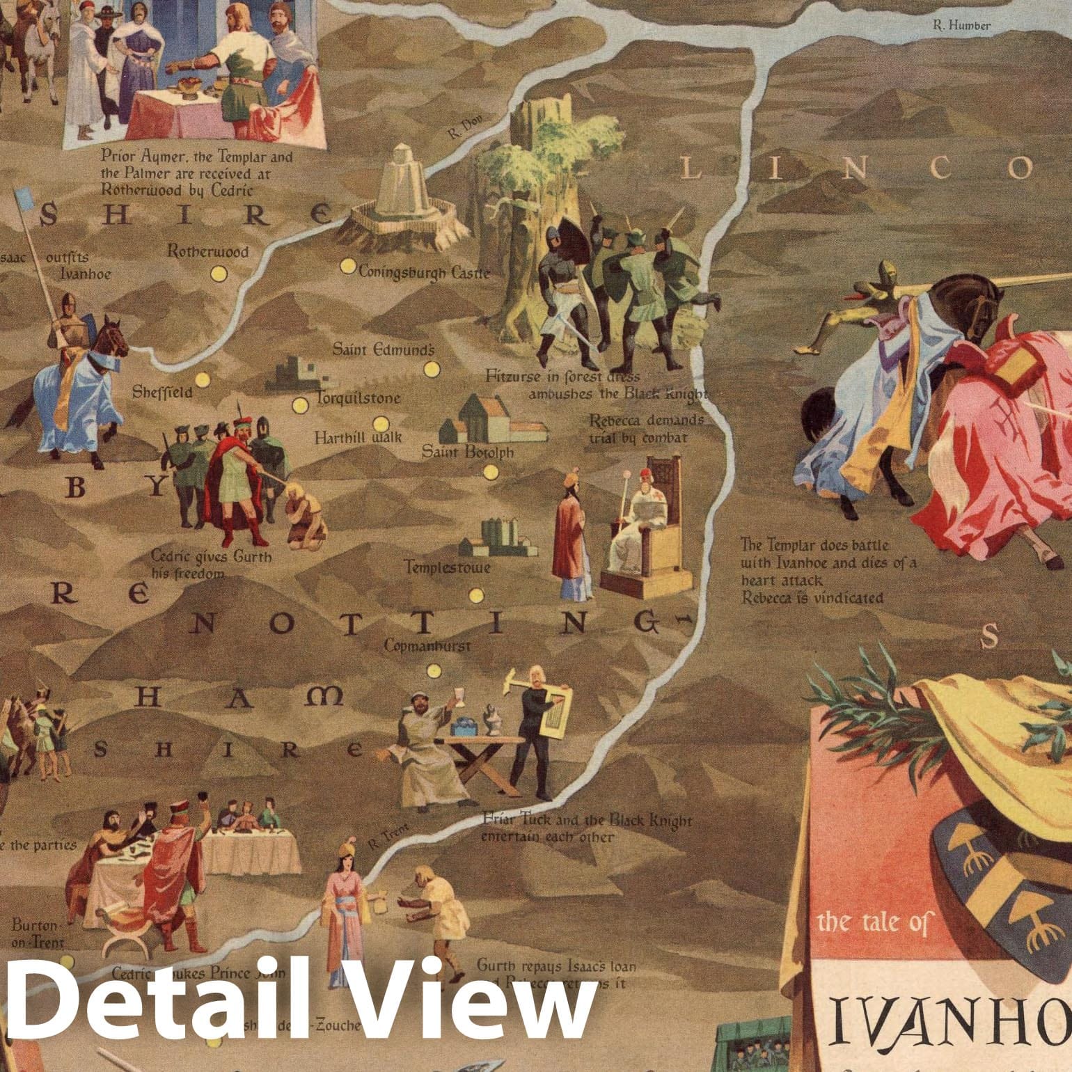 England - Pictorial Map, 1958 - Ivanhoe Literary Map Print