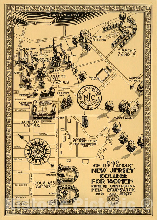Historic Wall Map : Map of the campus New Jersey College for Women : Rutgers University, 1939 - Vintage Wall Art