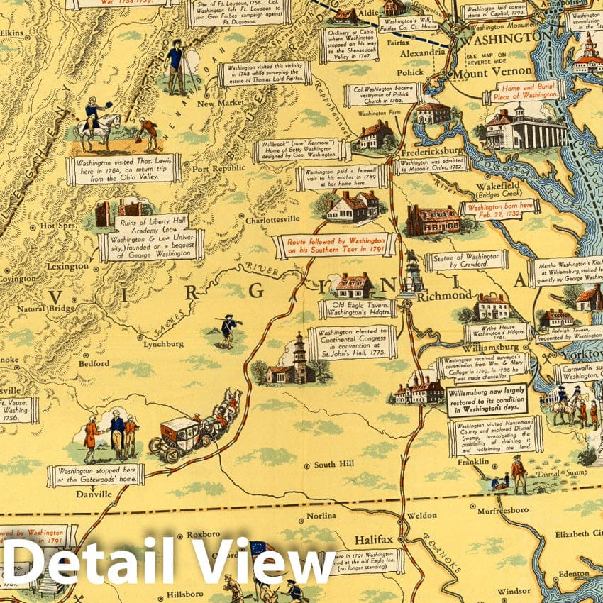 George Washington Historic Sites - Pictorial Map, 1932 - Historical Map Print