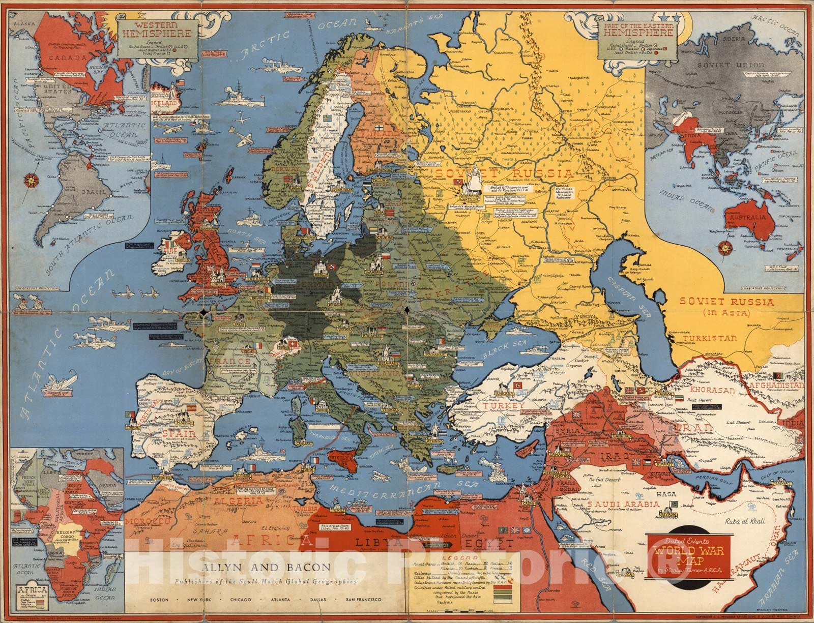 Historic Map - Dated events, War map by Stanley Turner, 1944, - Vintage Wall Art