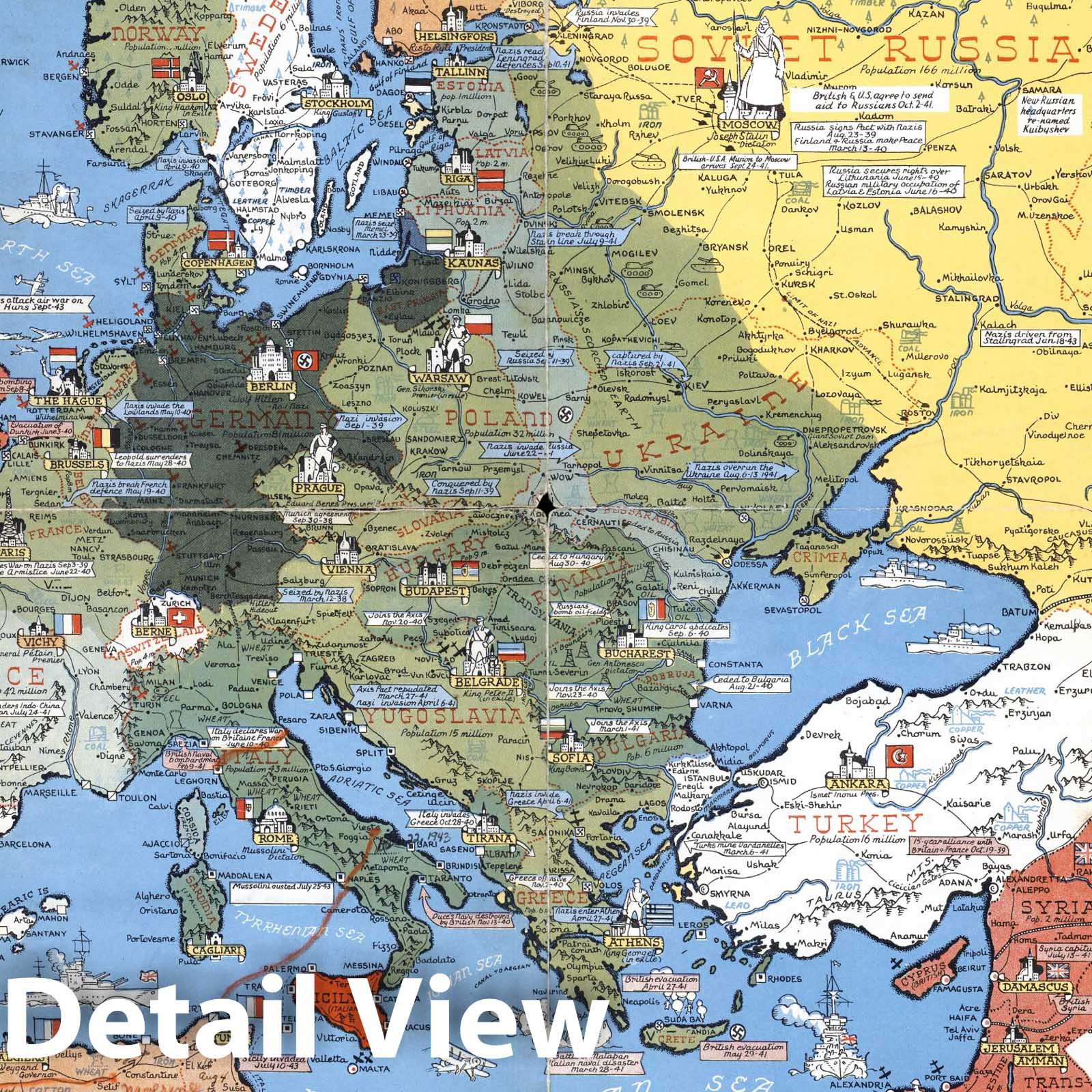 Historic Map - Dated events, War map by Stanley Turner, 1944, - Vintage Wall Art