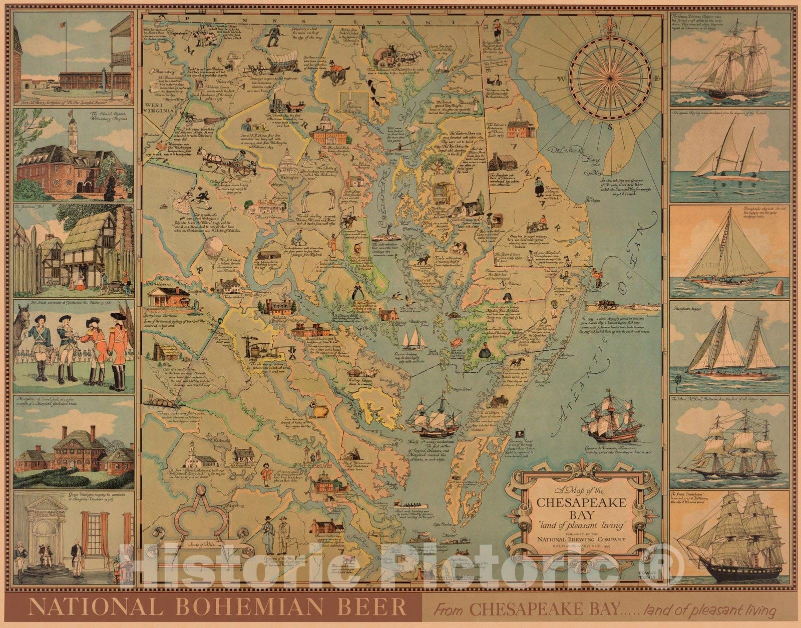 Chesapeake Bay - Pictorial Map, 1959 - Historical Map Print