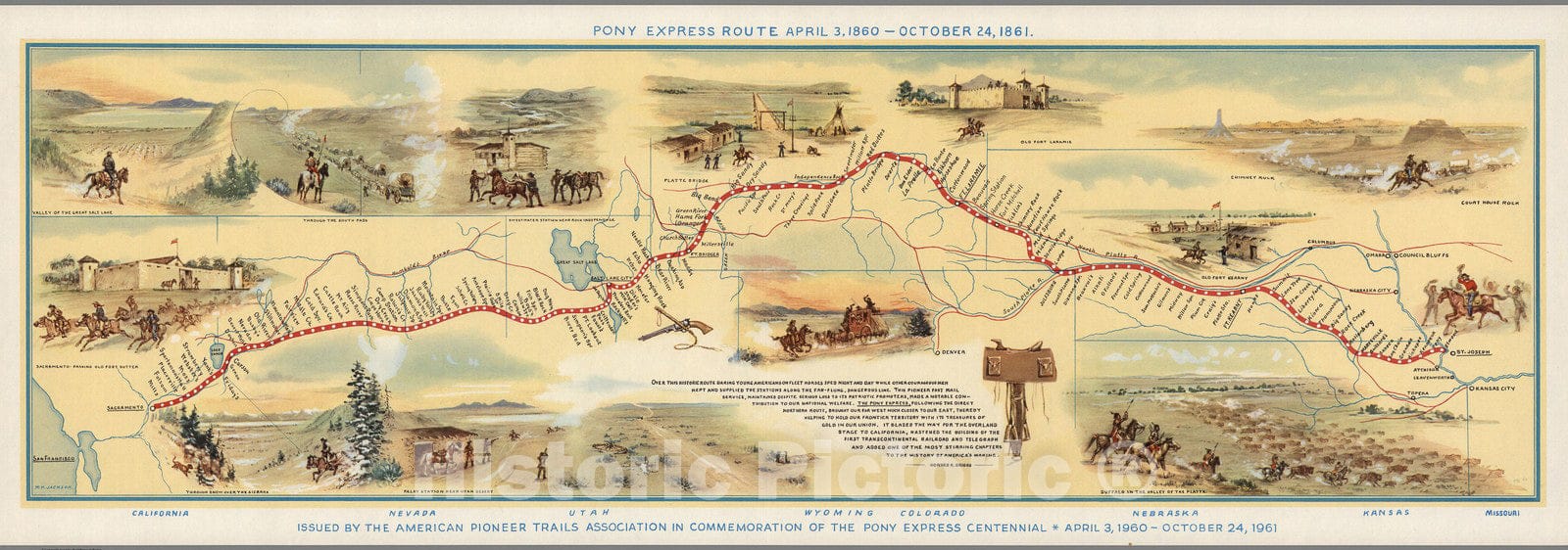 Historic Map : Pony Express route April 3, 1860 - October 24. 1861, 1961, v1, Vintage Wall Decor