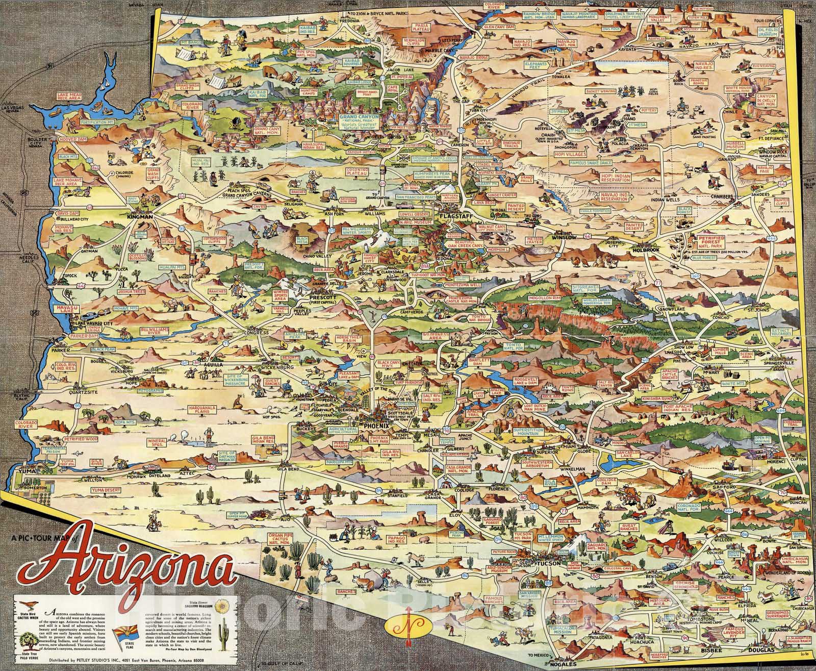 Arizona - Pictorial Map, 1950 - Historical Map Print