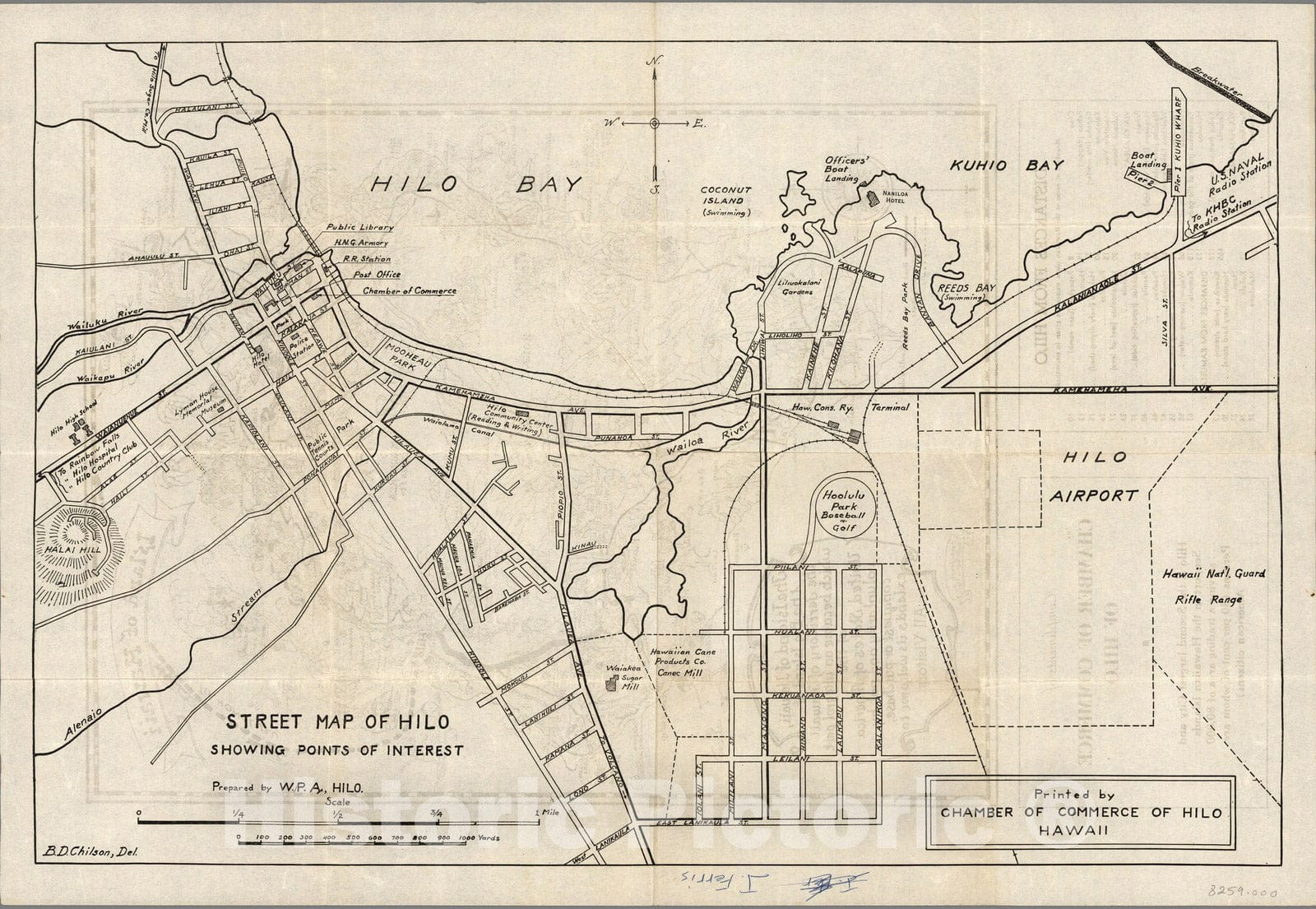 Historic Map : Street map of Hilo : Showing points of interest, 1930 - Vintage Wall Art