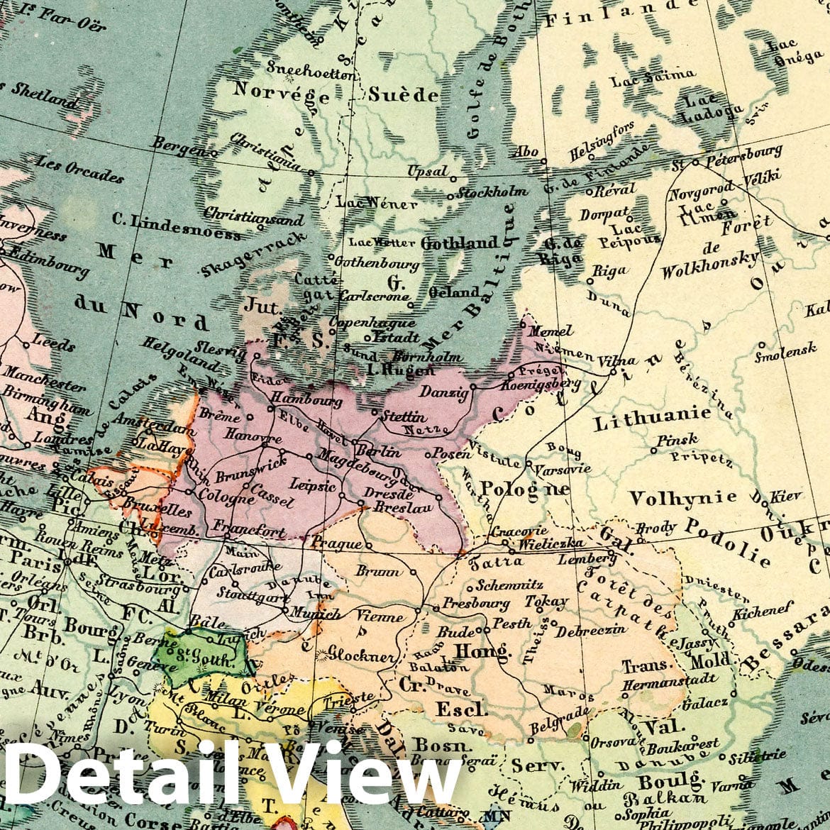 Europe - River Map, 1870 - Historical Map Print