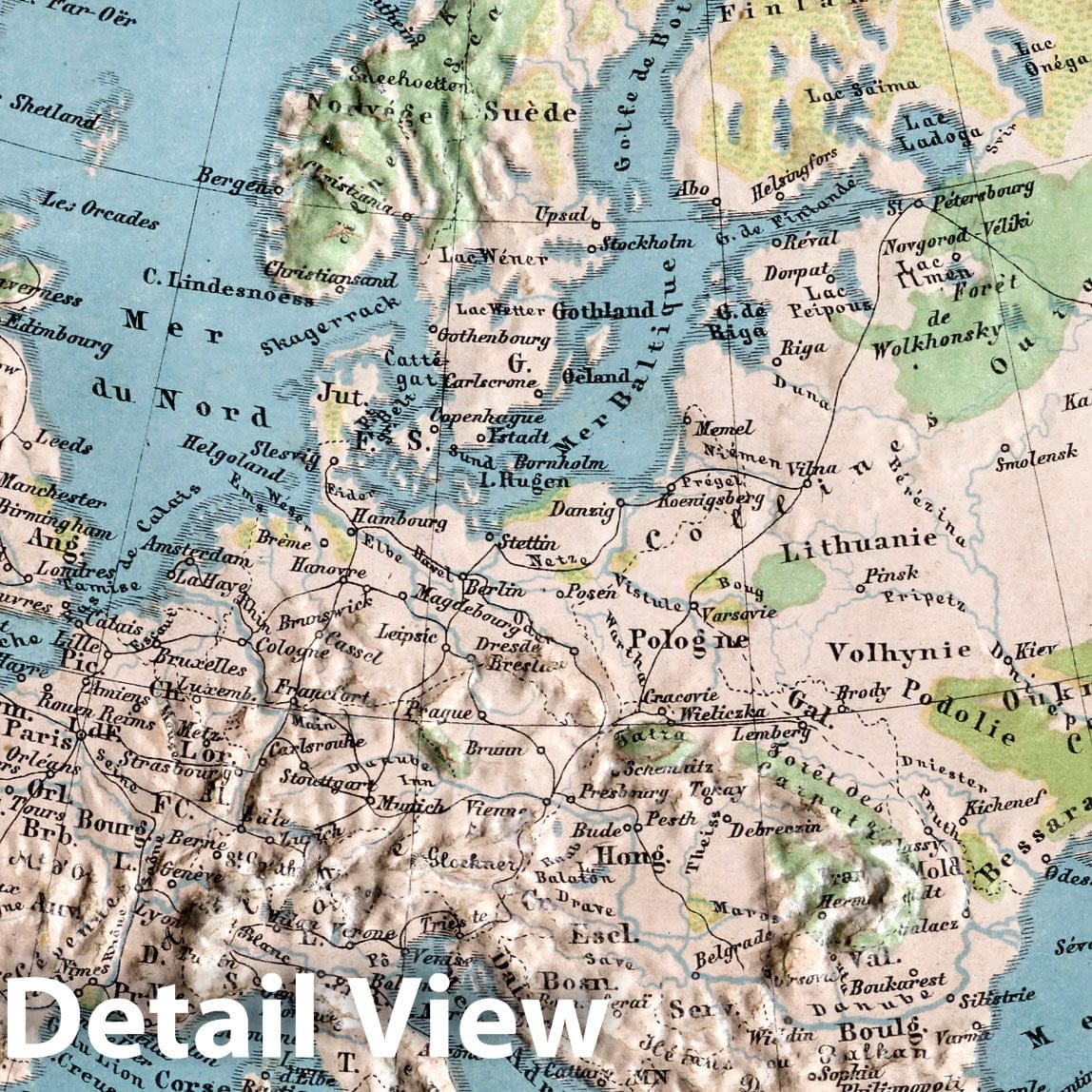 Europe - River Map, 1870 - Hand-Colored Historical Map Print