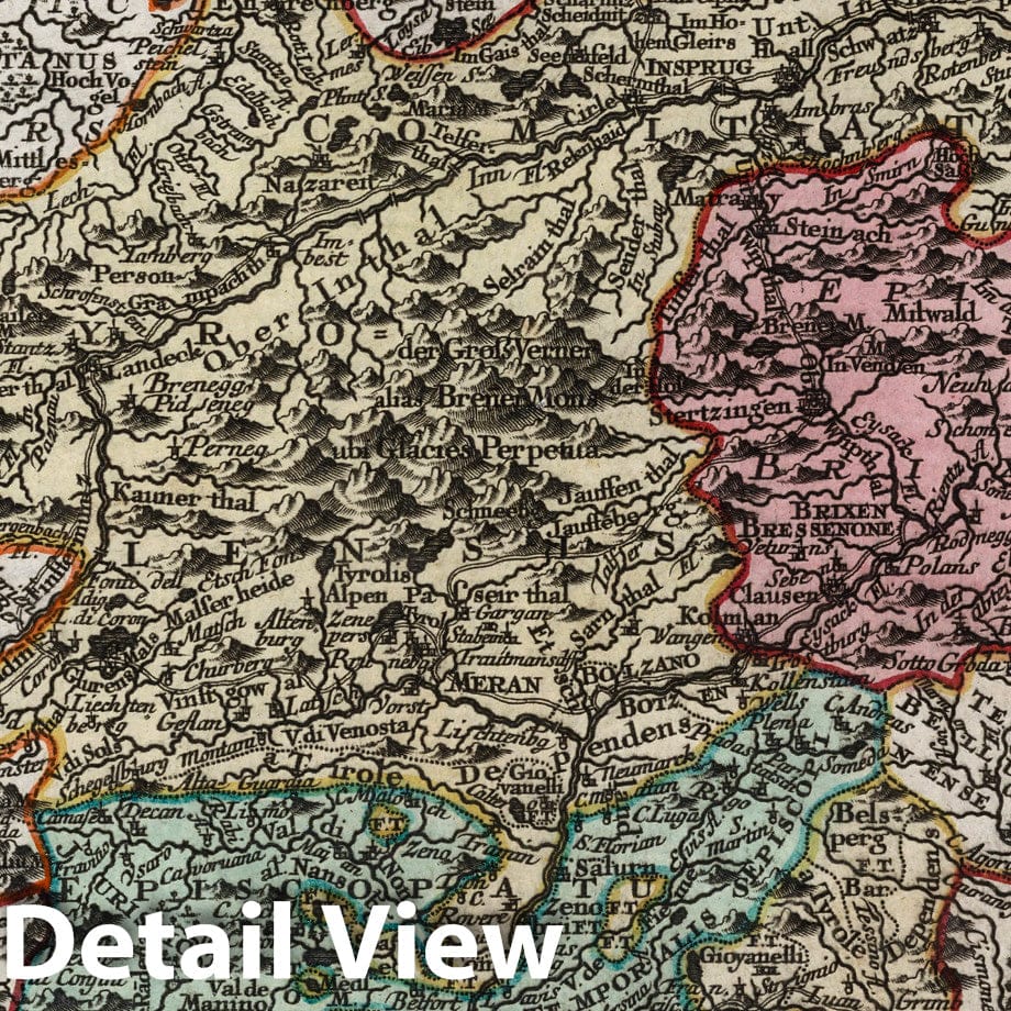 Tyrol with Vorarlberg and Bishopric of Trento and Brixen - 1744 Historical Map Print