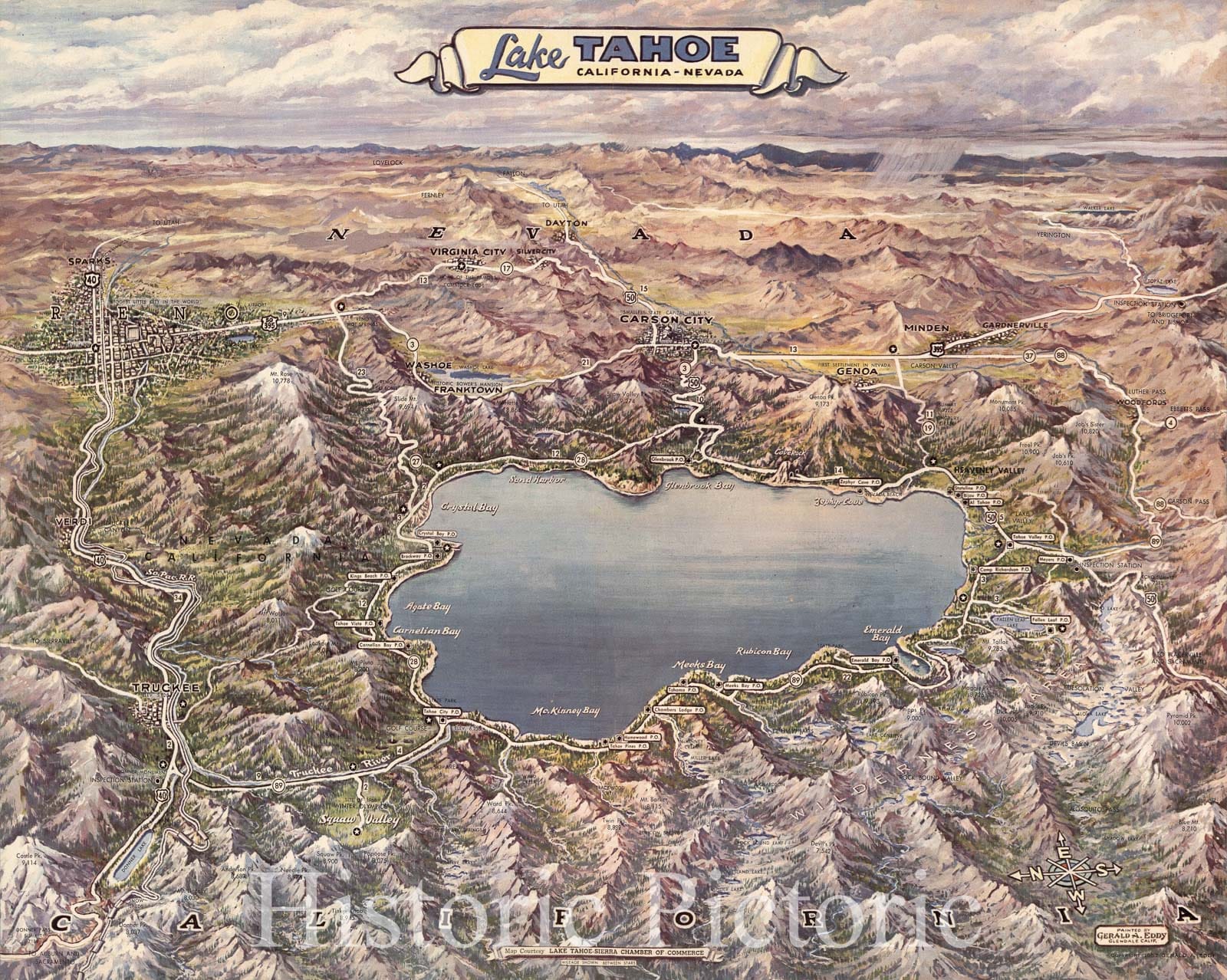 Lake Tahoe, California-Nevada - Pictorial Map, 1957