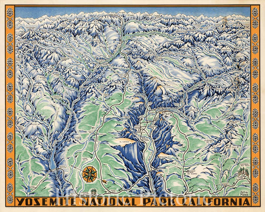 Yosemite National Park - Bird's Eye View, 1955 - Historical Map Print