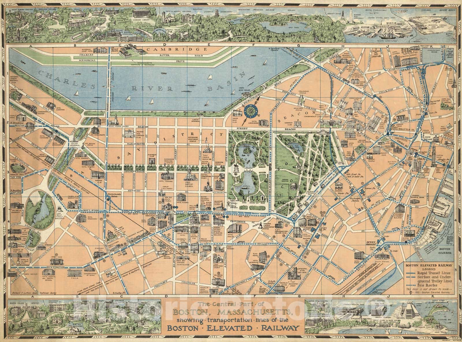 Historic Map - The Central Part of Boston, Massachusetts, showing transportation lines of the Boston Elevated Railway, 1930, Richard F. Lufkin - Vintage Wall Art