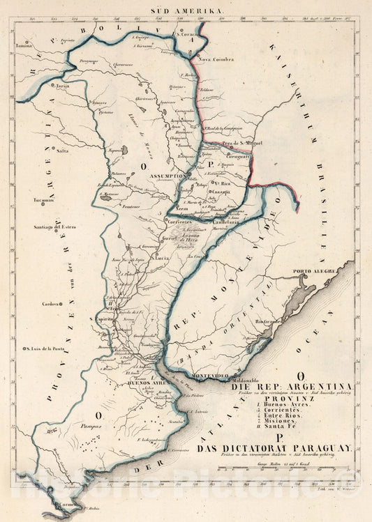 Historic Map : Argentina, , South America O. Die Rep. Argentina. Provinz 1,3,4,7, 11. P. Die Dictatorat Paraguay 1830 , Vintage Wall Art