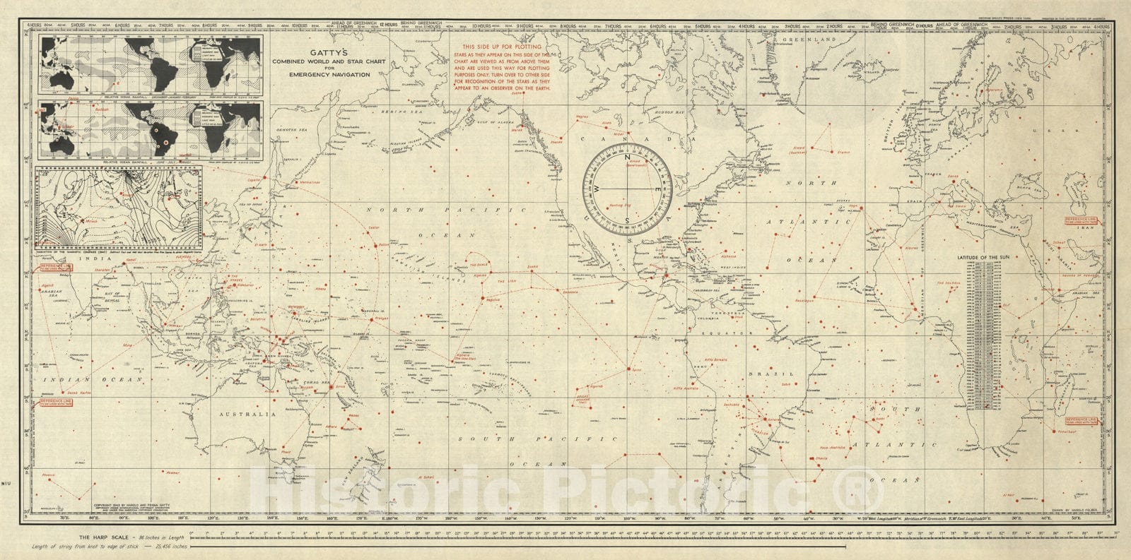 Historic Map - Wall Map, Gatty's combined world and star chart for emergency navigation 1943 - Vintage Wall Art