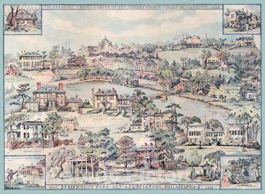Historic Map : The Colonial chain - a group of 18th century seats in Fairmount Park 1958 - Vintage Wall Art