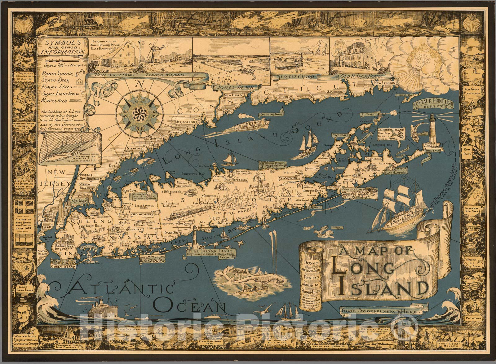 Long Island, New York - Pictorial Map, 1933 - Historical Map Print