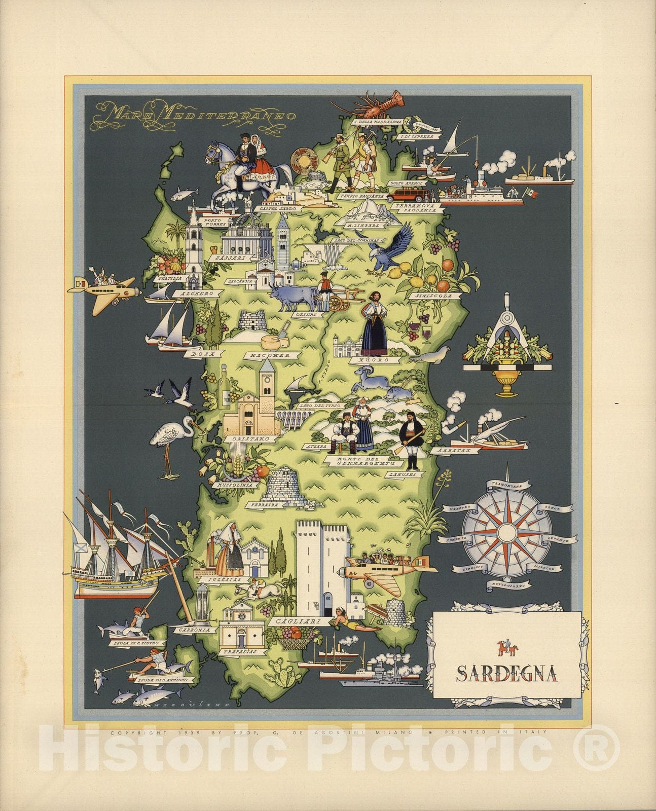 Sardinia - Pictorial Map, 1939 - Historical Map Print