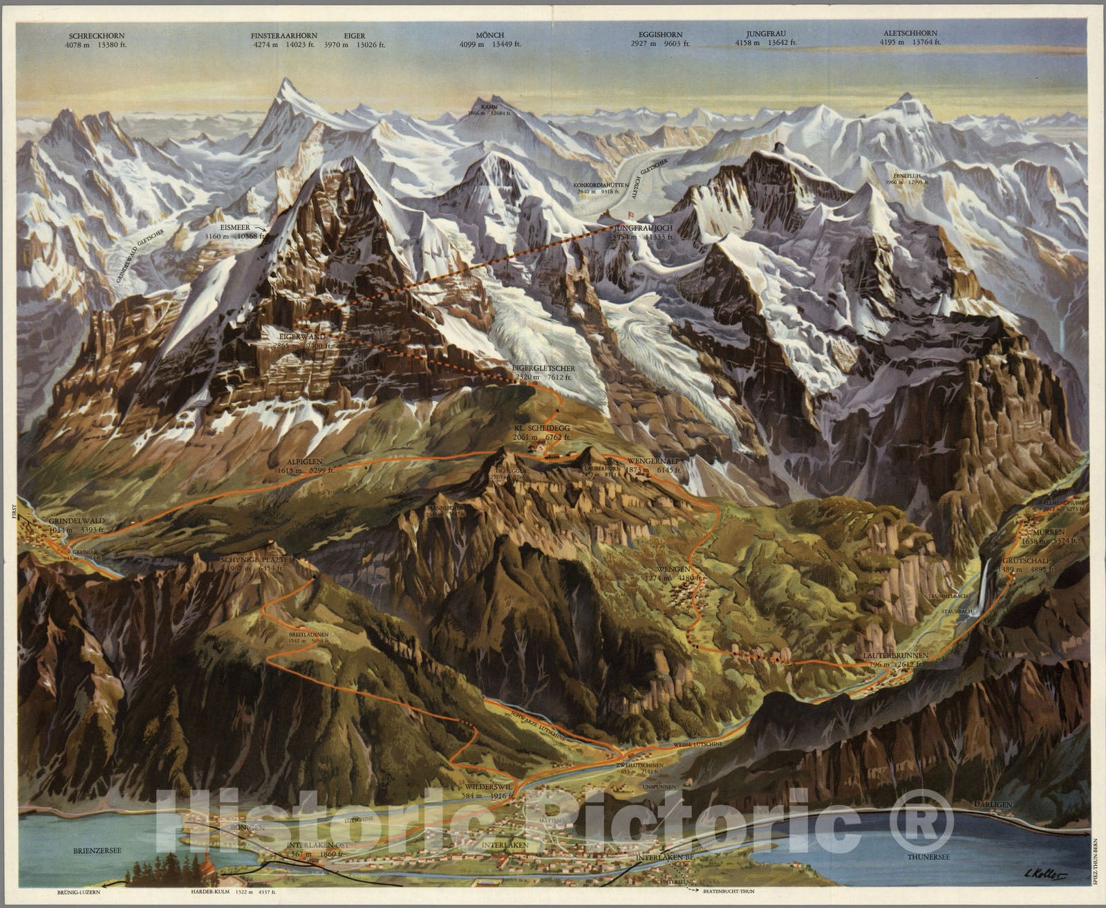 Jungfrau, Interlaken, Bernese Oberland, Switzerland - Pictorial Map, 1940