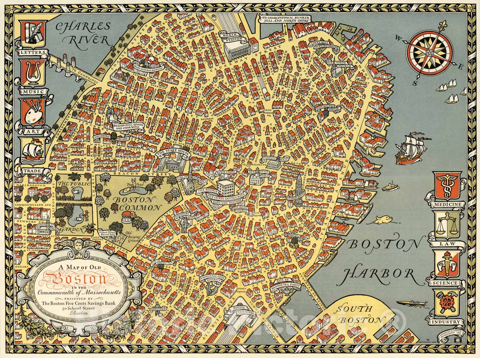 A Map of Old Boston in the Commonwealth of Massachusetts Presented by The Boston Five Cents Savings Bank, 30 School Street, Boston, 1929 - Vintage Wall Art