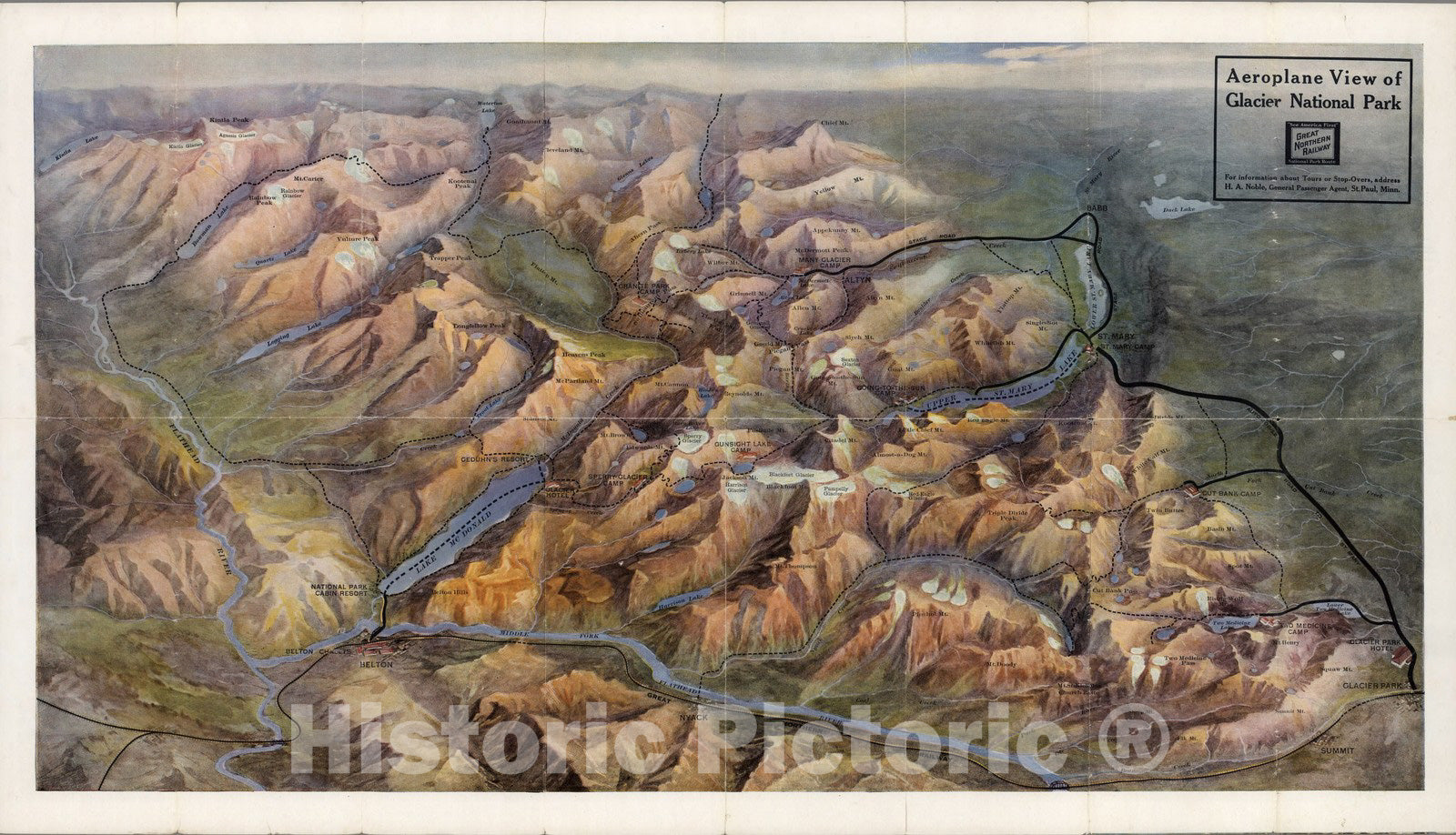 Glacier National Park - Pictorial Map, 1914 - Historic Print