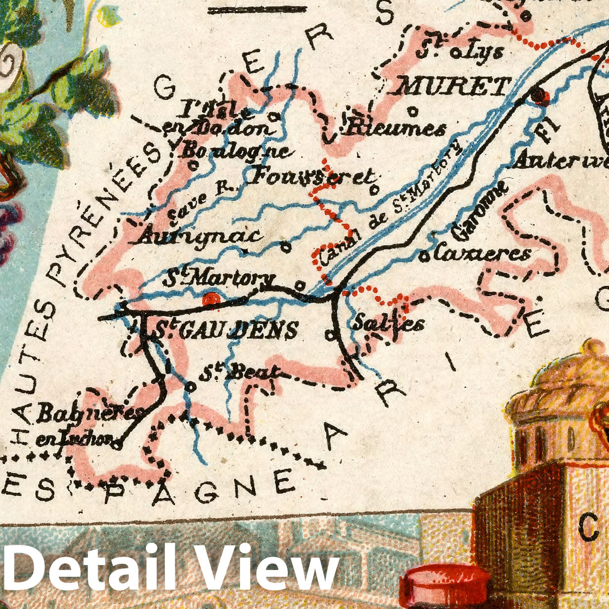 Pictorial Map of Haute-Garonne, France 1885