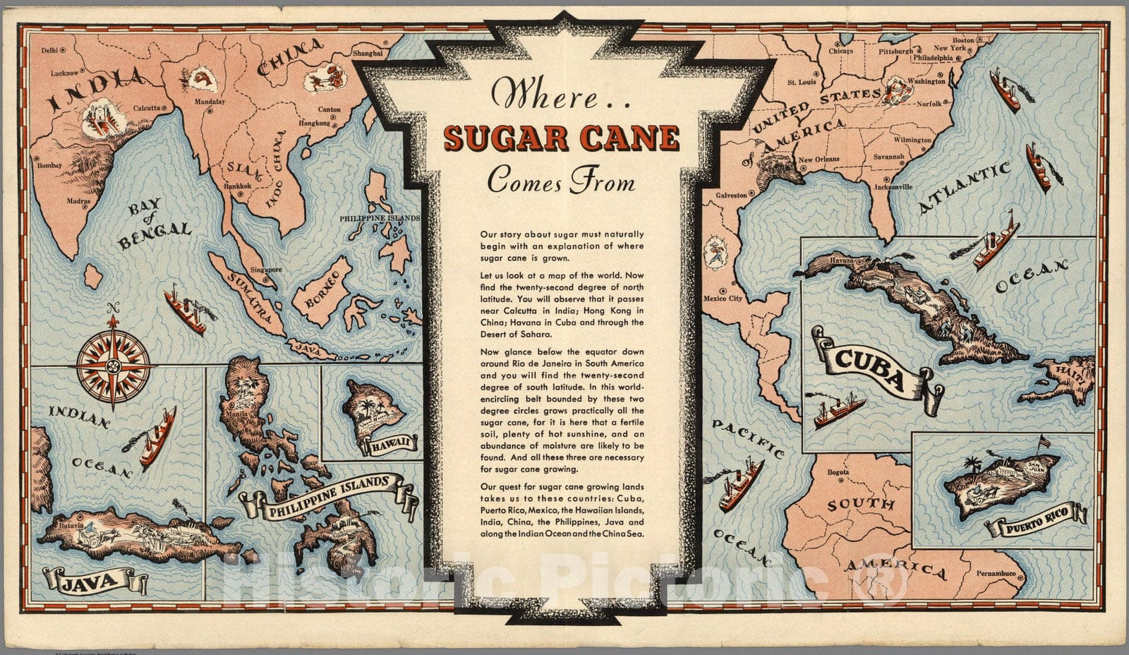 Historic Map : Where Sugar Cane Comes From. 1925 - Vintage Wall Art