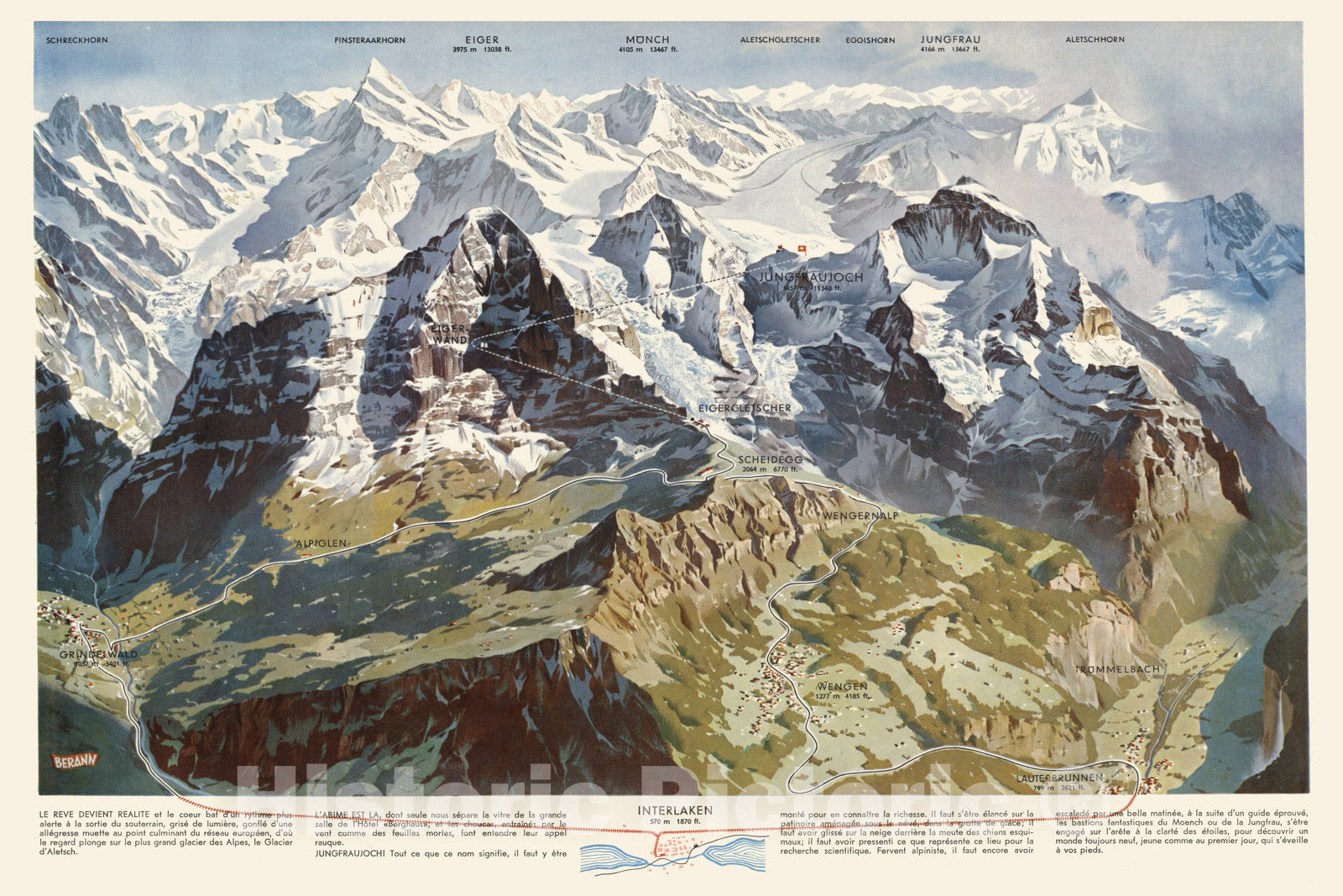 Historic Map : Jungfrau (Switzerland) Jungfrau Joch. Jungfrau Bahn. 1937 , Vintage Wall Art
