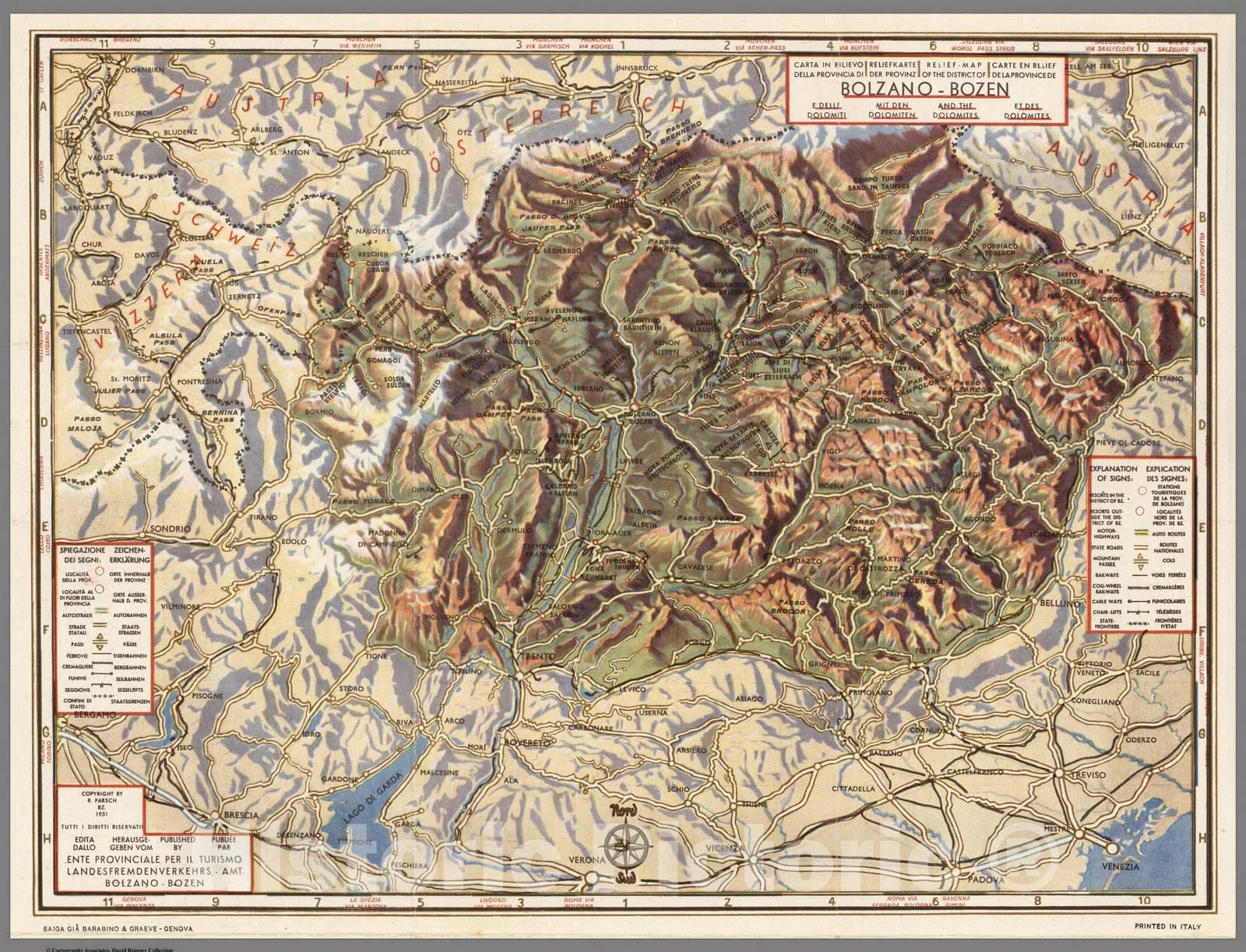 Historic Map : Bolzano - Bozen and the Dolomites. 1951 - Vintage Wall Art