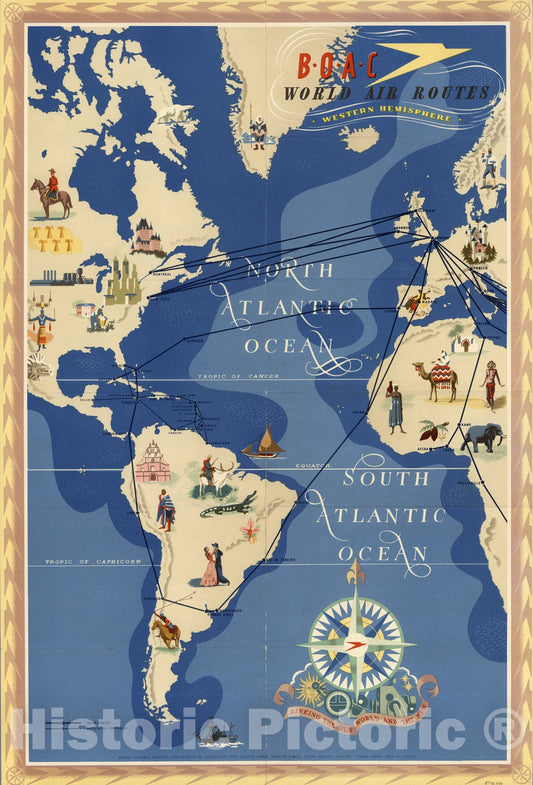 Historic Map : BOAC World Air Routes. Western Hemishere. 1949 - Vintage Wall Art