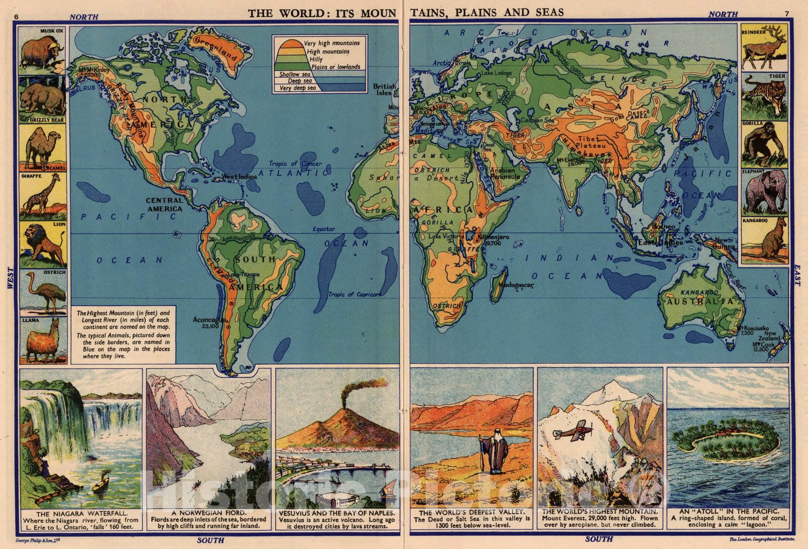 Historic Map : Geography Book, The World: Its Mountains, Plains and Seas. 1935 - Vintage Wall Art